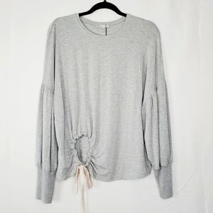 Zara Puff Sleeve Tie Front Sweatshirt Size L Lightweight Cutout Pullover NEW